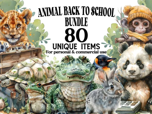 Animal Back to School Clipart Bundle – 80 PNGs, Cute Animal School Illustrations, High-Resolution, Commercial Use, 300 DPI"