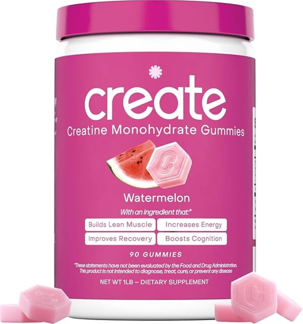 Create Creatine Monohydrate Gummies for Men & Women, Boost Focus, Strength, and Endurance, Anti-Melting Formula, Vegan, Gluten-Free, Non-GMO, 1.5g of Creatine per Gummy (Watermelon)  USA Stock Available