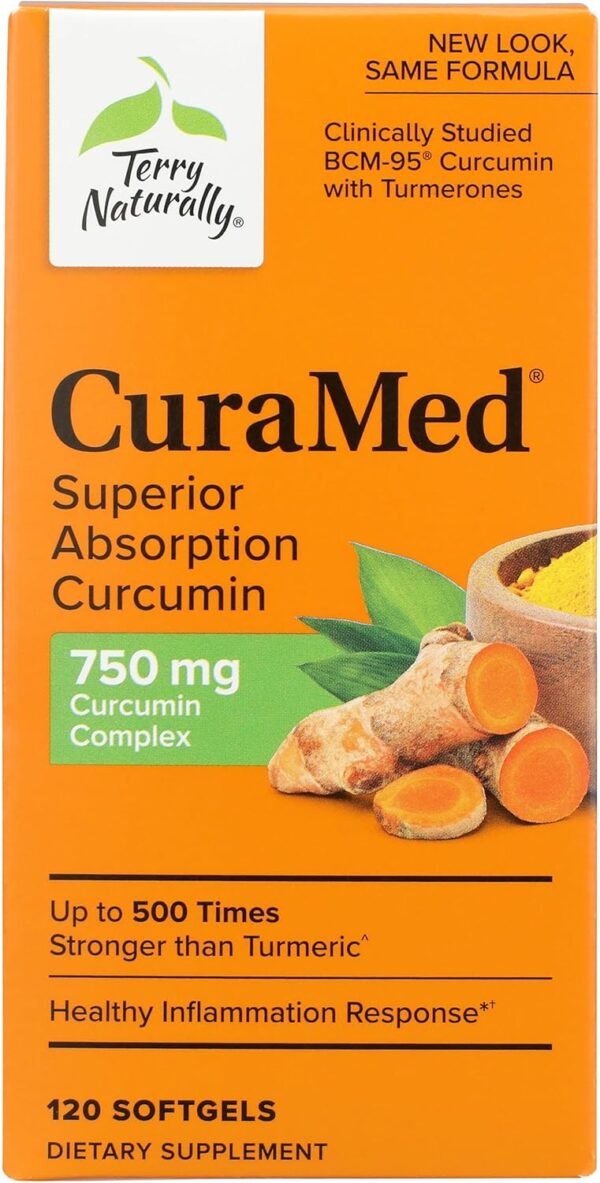 Terry Naturally CuraMed 750 mg - Antioxidant Supplement for Brain & Heart Health Support - Supplement with High-Potency Curcumin Complex - Kidney, Liver & Immune Health Support - 120 Softgels (1 Pack)