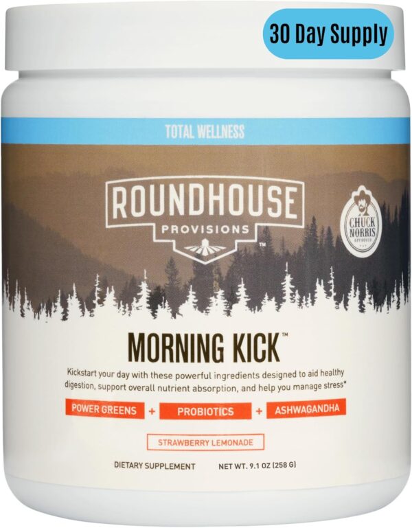ROUNDHOUSE PROVISION Morning Kick, Zero Sugar Greens Superfood Powder Supplement with Ashwagandha, Collagen, Probiotics, Debloat Drink, 30 Servings (Strawberry Lemonade) by Chuck Norris